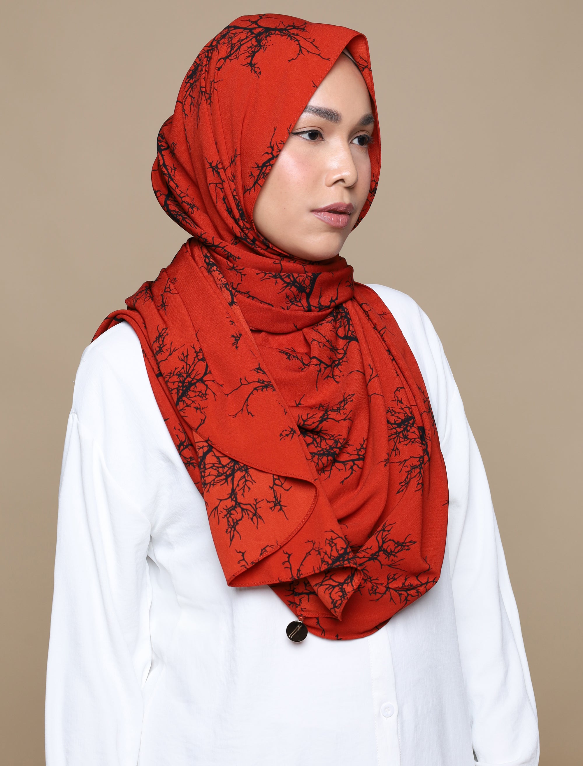 Night Forest Viscose Curved Shawl - Brick Red