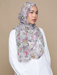 Floral Crepe Chiffon Curved Shawl - White/Pink