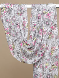 Floral Crepe Chiffon Curved Shawl - White/Pink