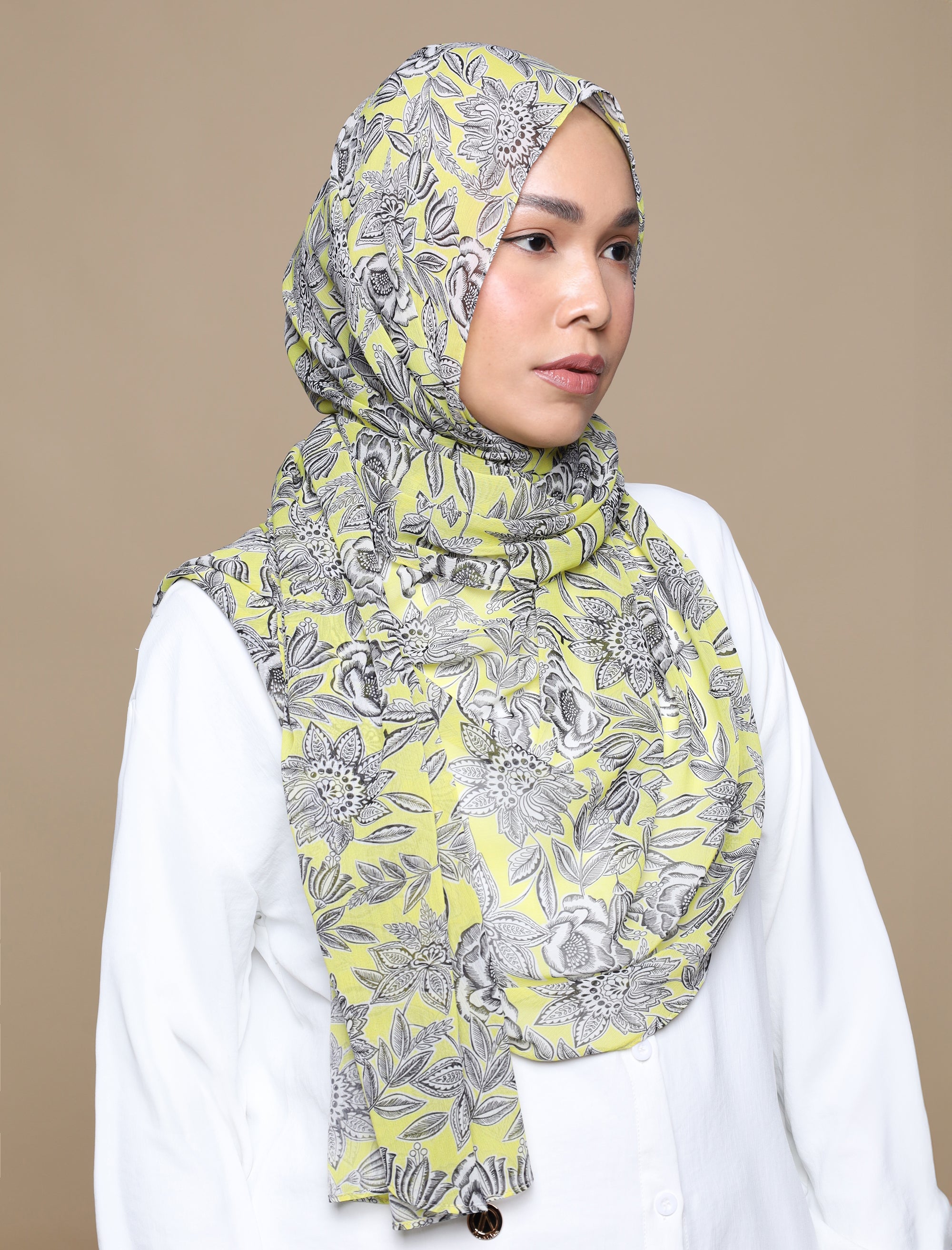 Floral Crepe Chiffon Curved Shawl - Neon Yellow
