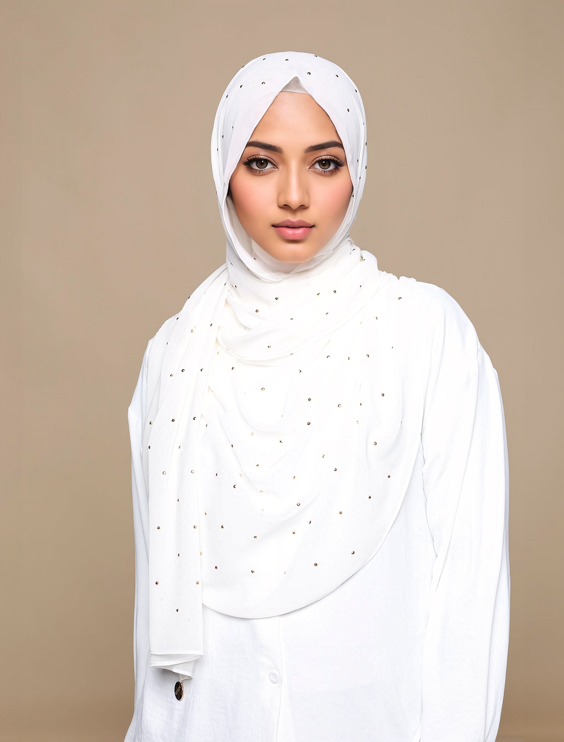 White Gold Dots Chiffon Curved Shawl