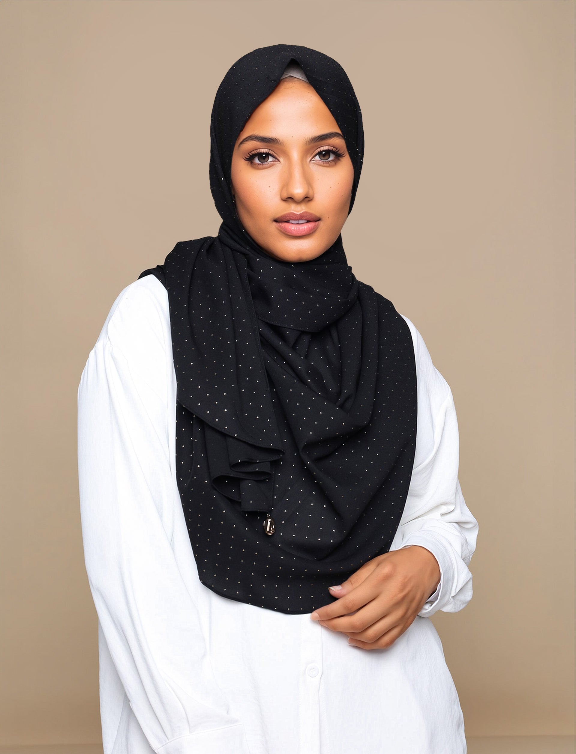 Black Gold Dots Chiffon Curved Shawl