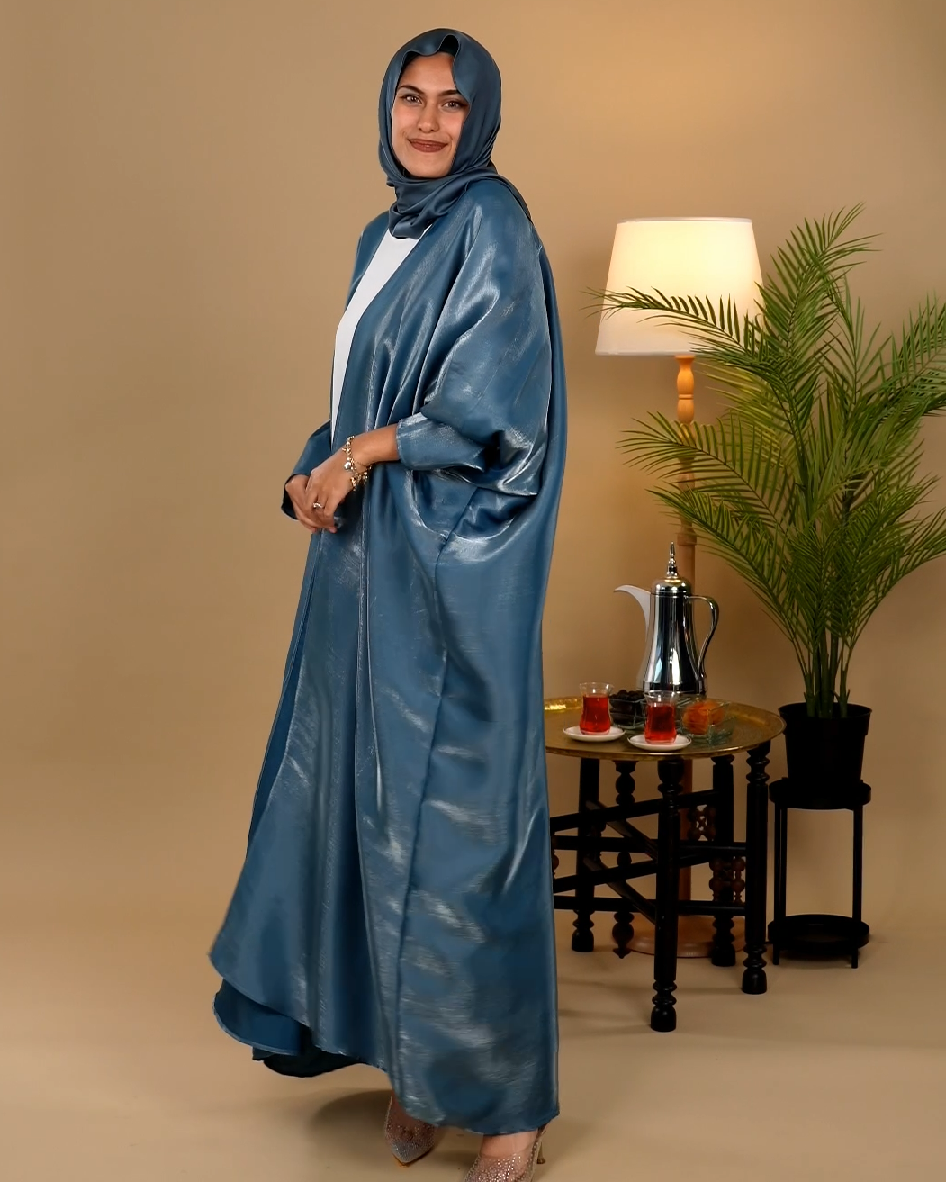 Glimmer Satin Open Front  Abaya - Aegean Blue