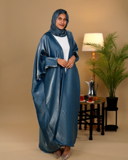 Glimmer Satin Open Front  Abaya - Aegean Blue