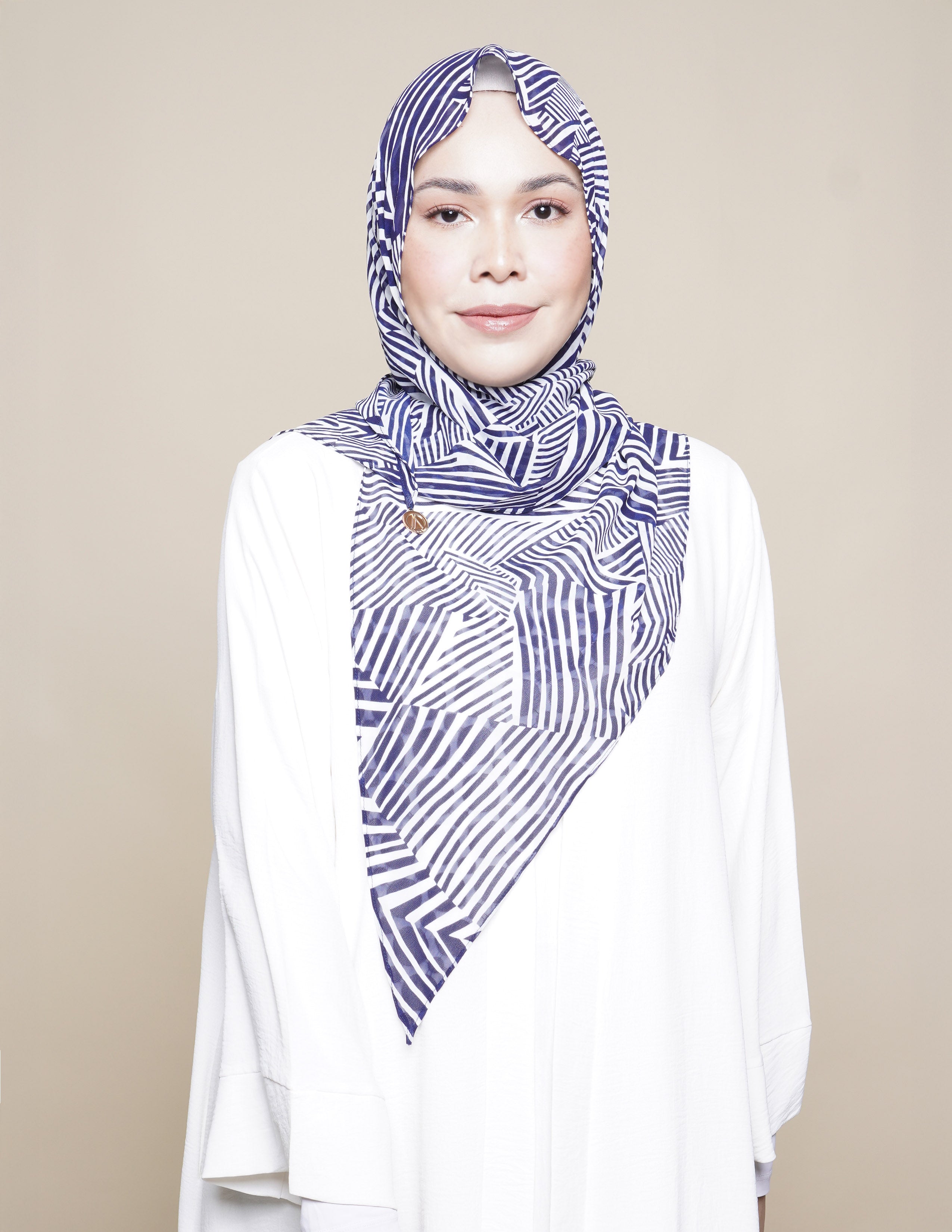 Geo Lines Chiffon Tri Scarf - Navy