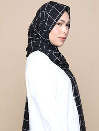 Grid Print Chiffon Curved Shawl - Black