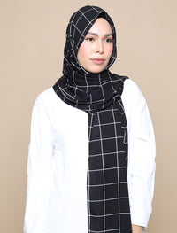 Grid Print Chiffon Curved Shawl - Black