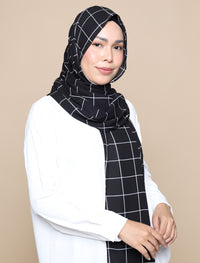 Grid Print Chiffon Curved Shawl - Black