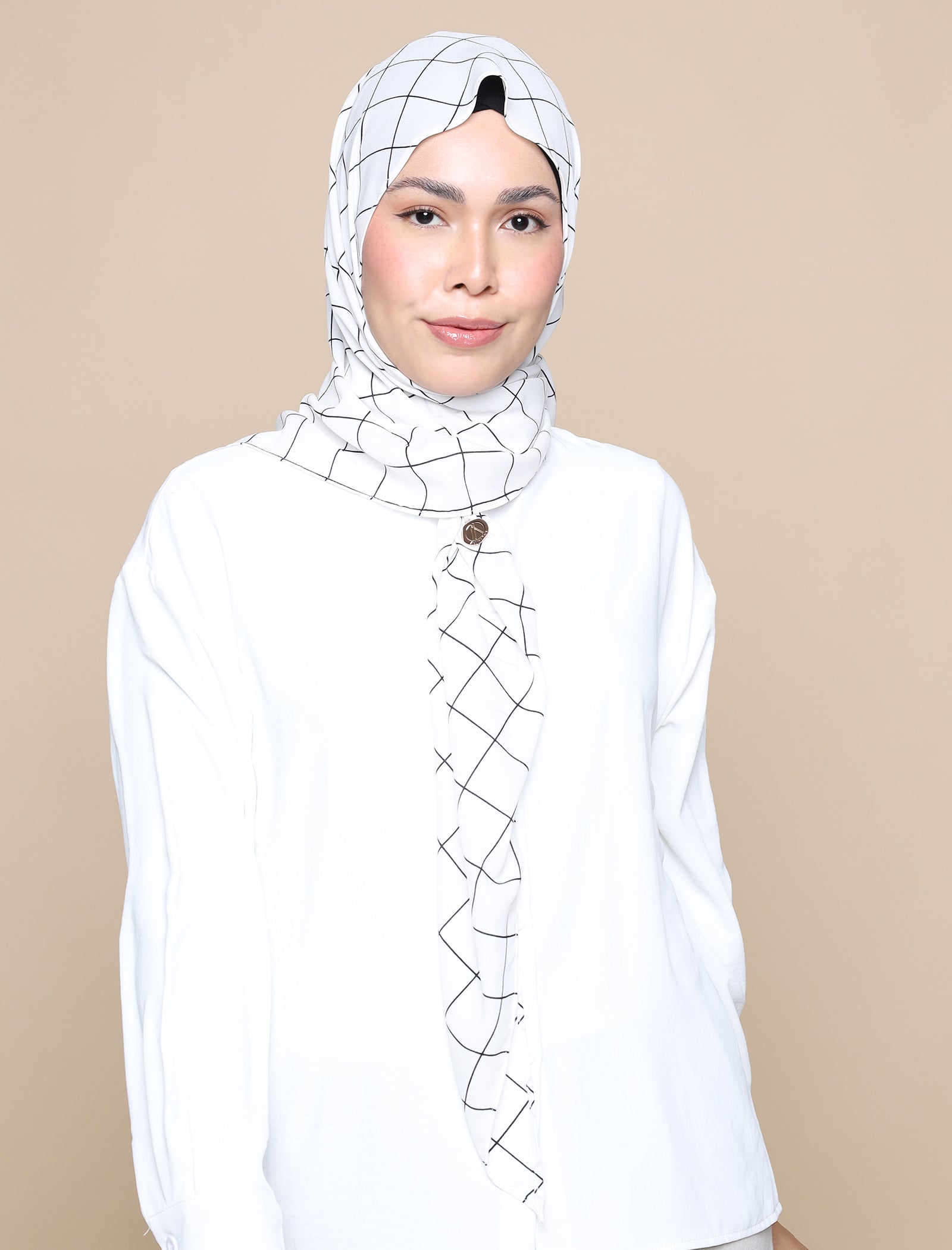 Grid Print Chiffon Tri Scarf - White