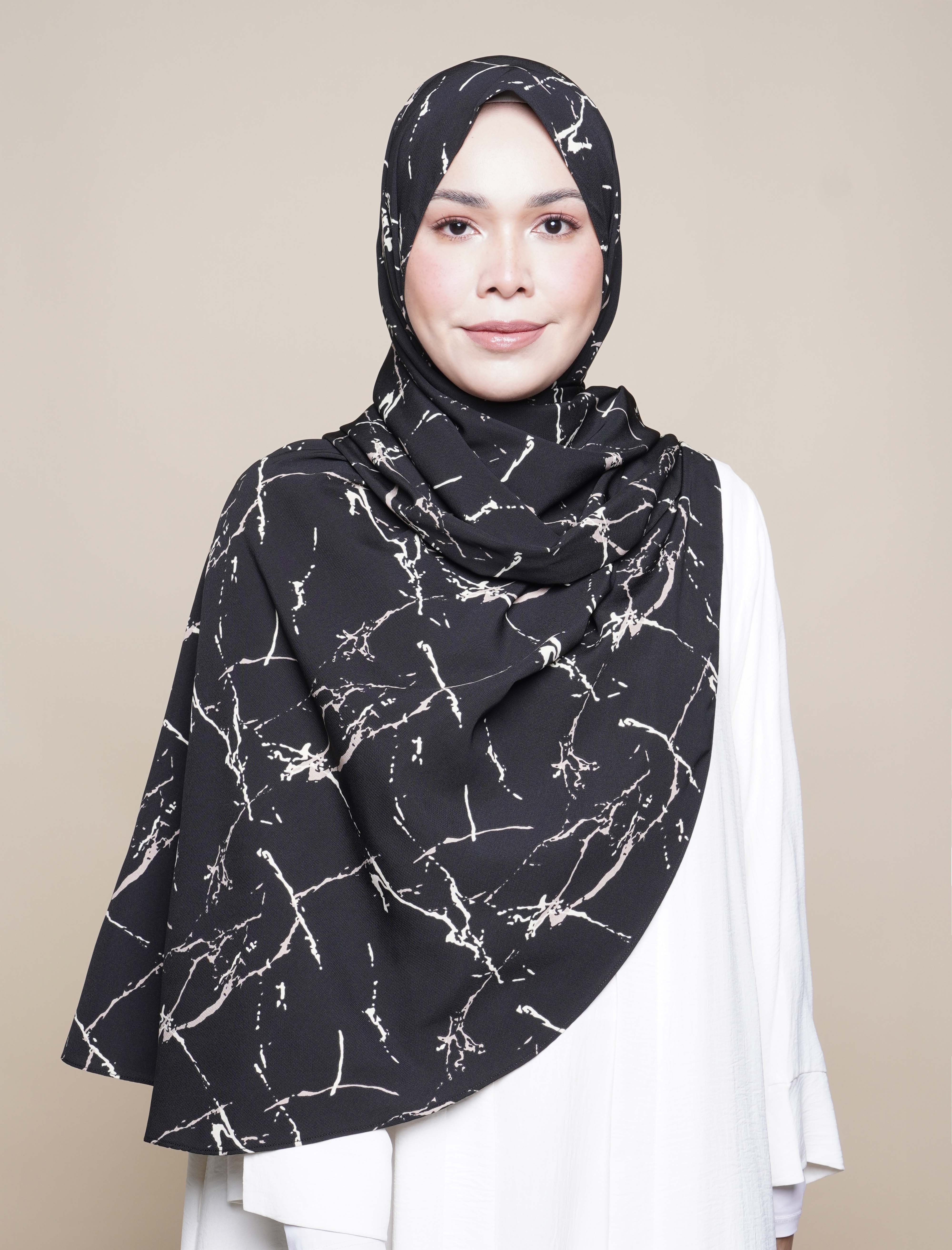 Marble Print Viscose Curve Shawl - Black