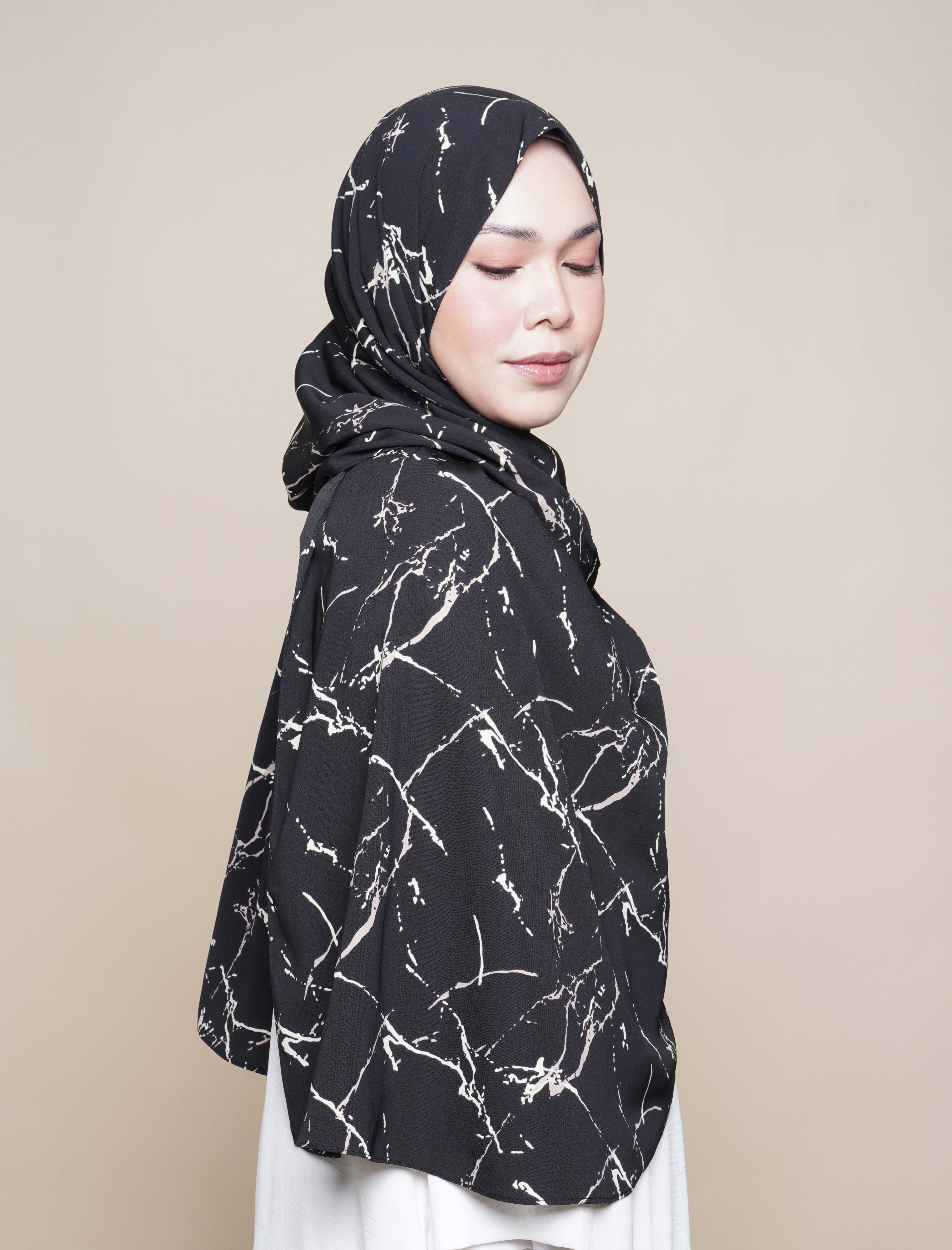 Marble Print Viscose Curve Shawl - Black