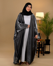 Glimmer Satin Open Front  Abaya - Dark Platinum