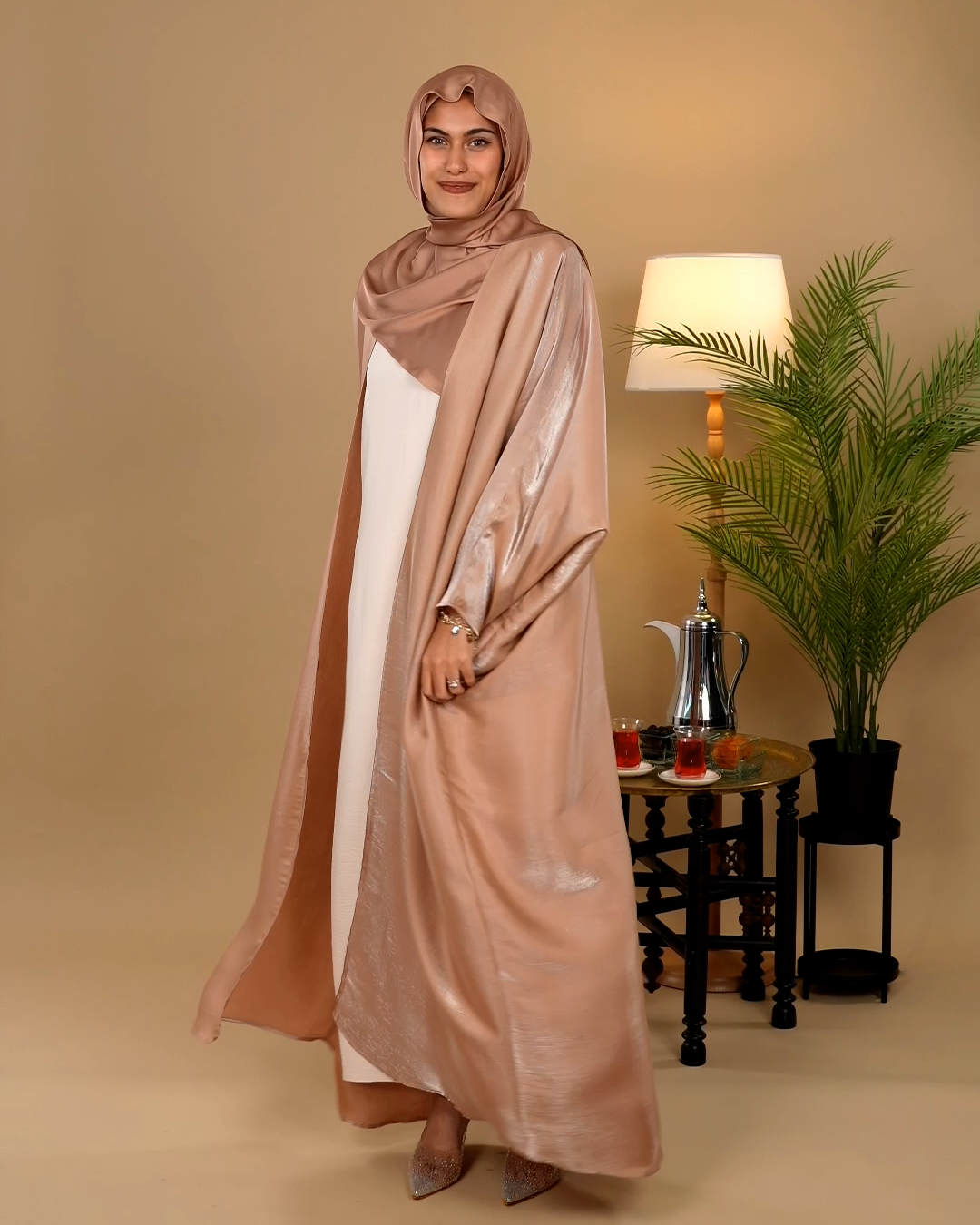 Glimmer Satin Open Front  Abaya - Sand