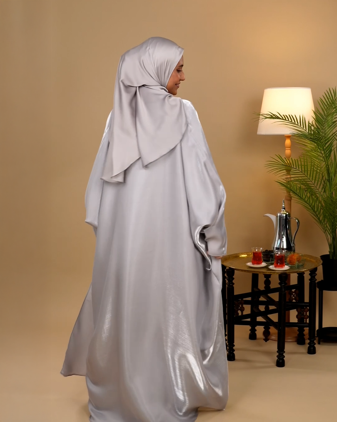Glimmer Satin Open Front  Abaya - Silver