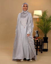 Glimmer Satin Open Front  Abaya - Silver