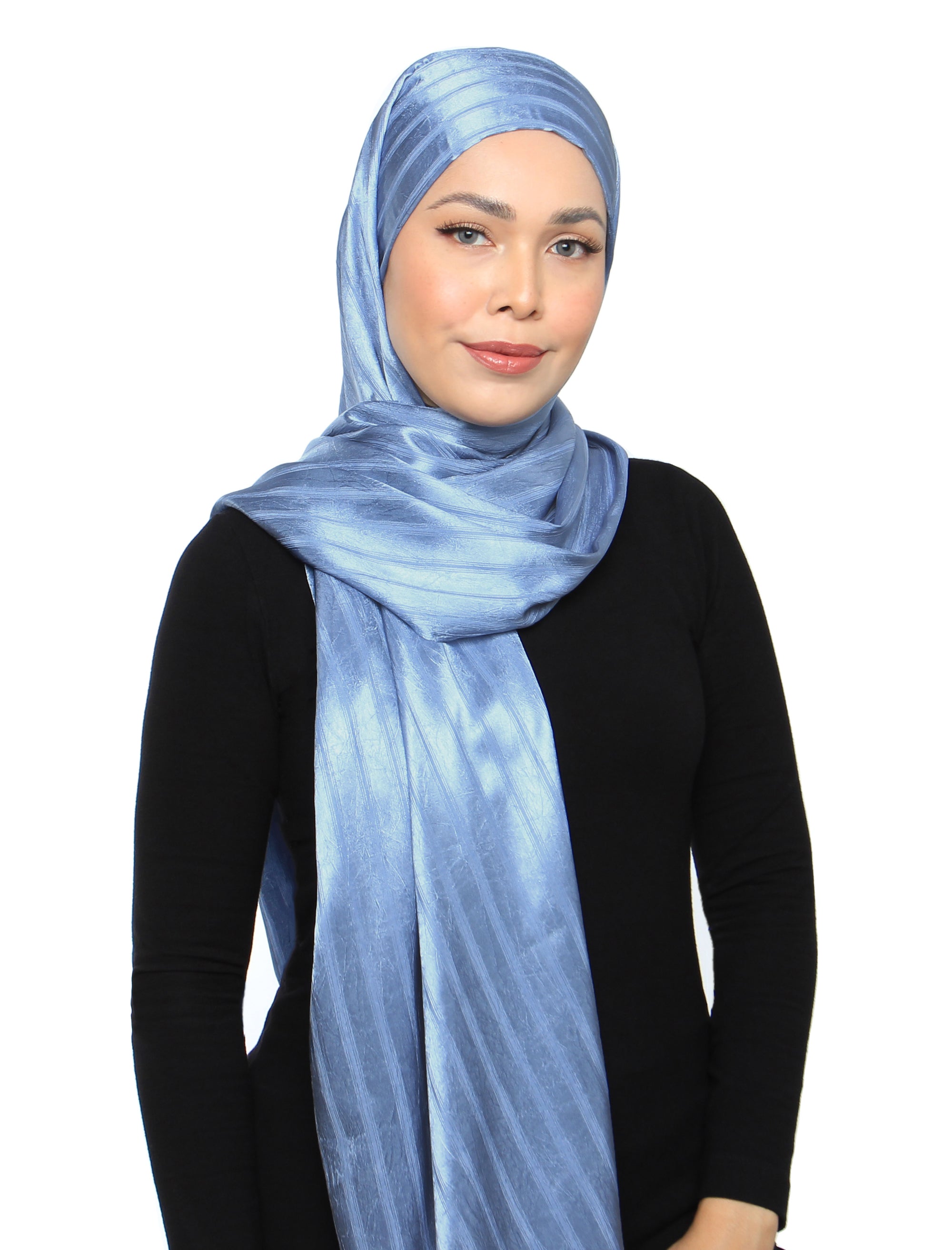 Lux Square Striped Velvety Satin Shawl - Sky Blue