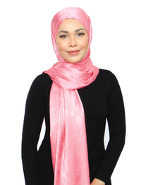 Lux Square Burn Out Leafy Satin Shawl - Barbie Pink