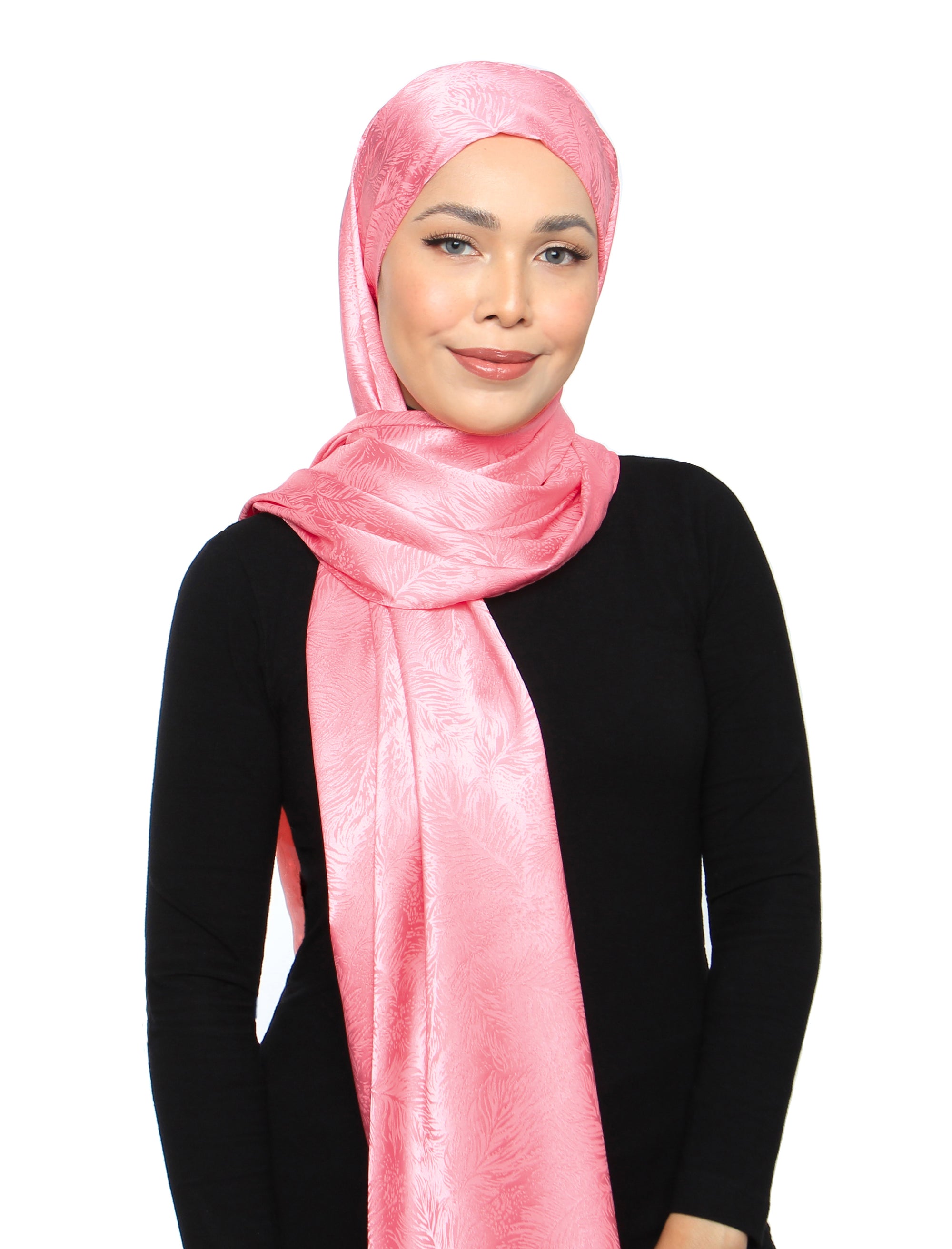 Lux Square Burn Out Leafy Satin Shawl - Barbie Pink
