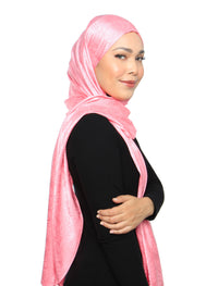 Lux Square Burn Out Leafy Satin Shawl - Barbie Pink
