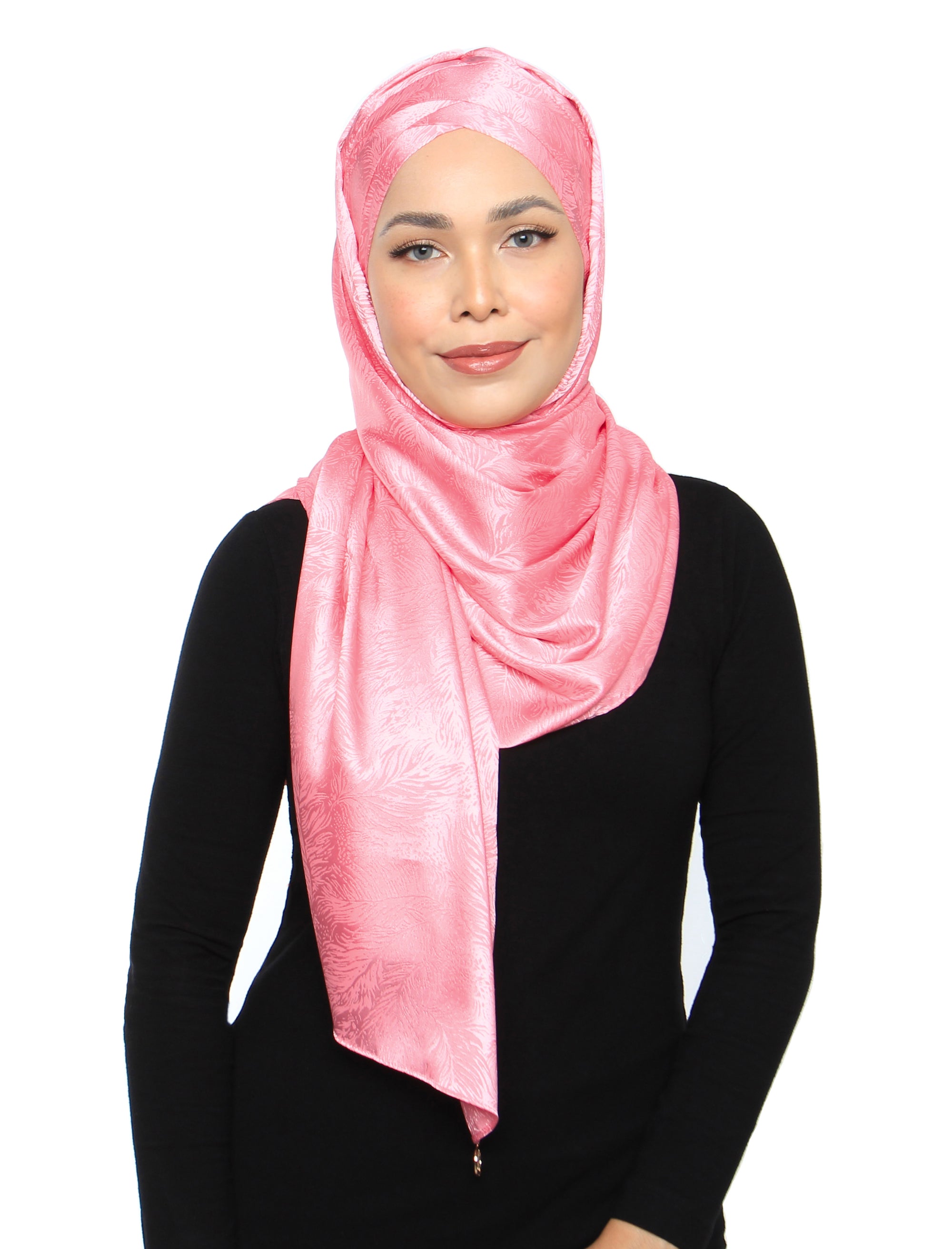 Lux Turban Burn Out Leafy Satin Shawl - Barbie Pink