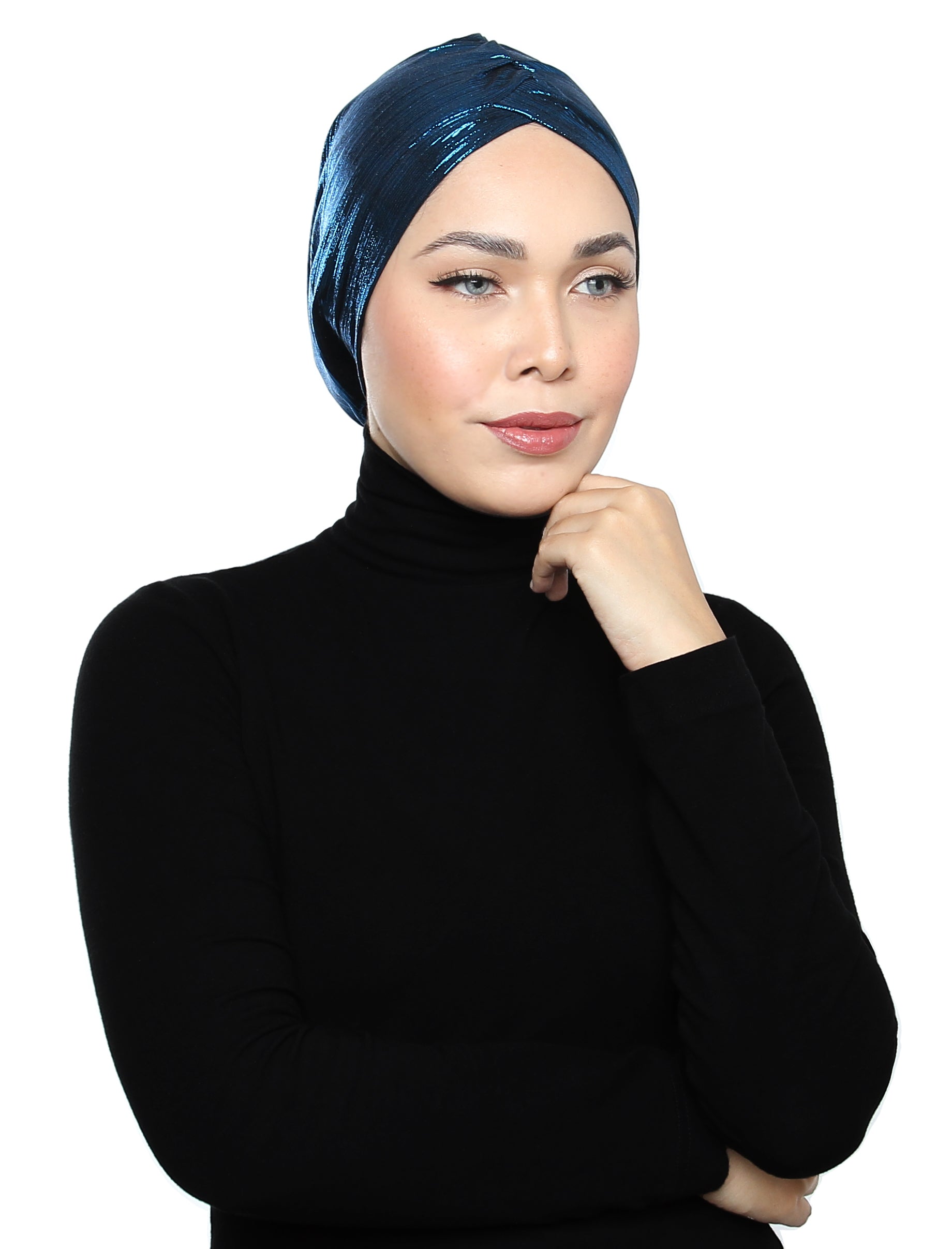 Pleated Metallic Turban - Peacock Blue
