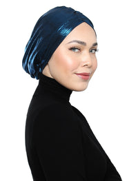 Pleated Metallic Turban - Peacock Blue