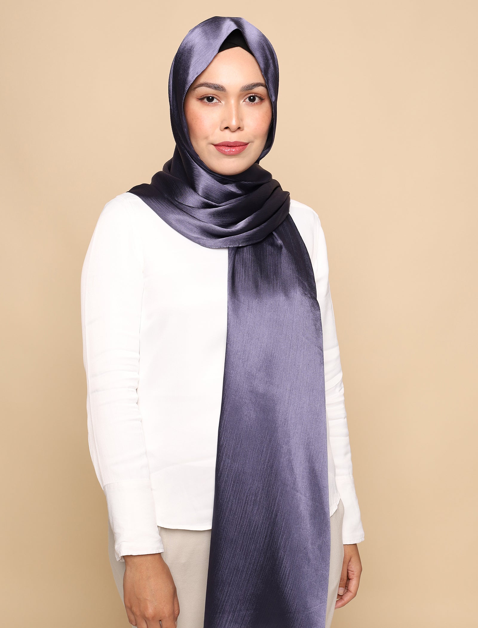 Crushed Satin Silk Curved Shawl - Dutch Blue