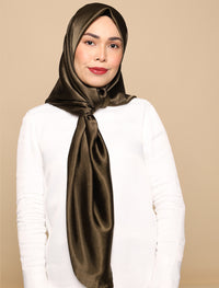 Crushed Satin Silk Square Scarf - Olive