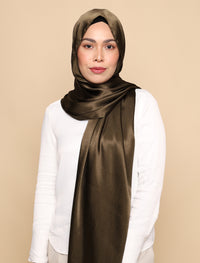 Crushed Satin Silk Curved Shawl - Olive