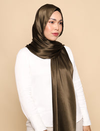 Crushed Satin Silk Curved Shawl - Olive