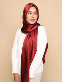 Crushed Satin Silk Curved Shawl - Mahogany Red