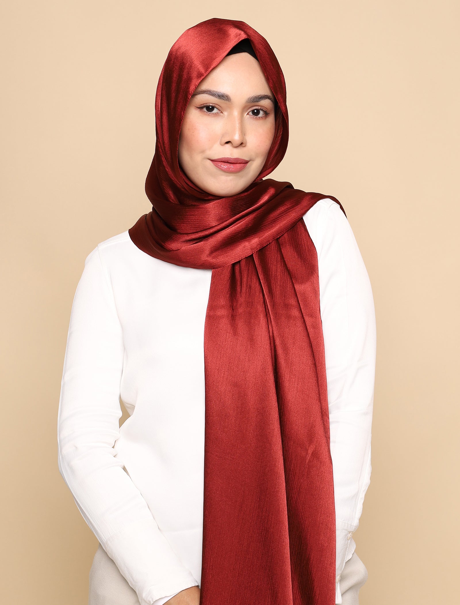 Crushed Satin Silk Curved Shawl - Mahogany Red
