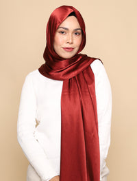 Crushed Satin Silk Curved Shawl - Mahogany Red